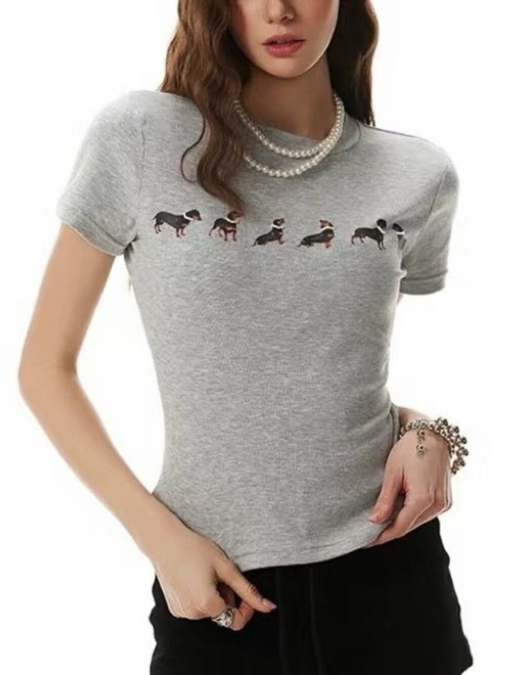 Gray Dachshund Dog Print Fitted T-Shirt S-M